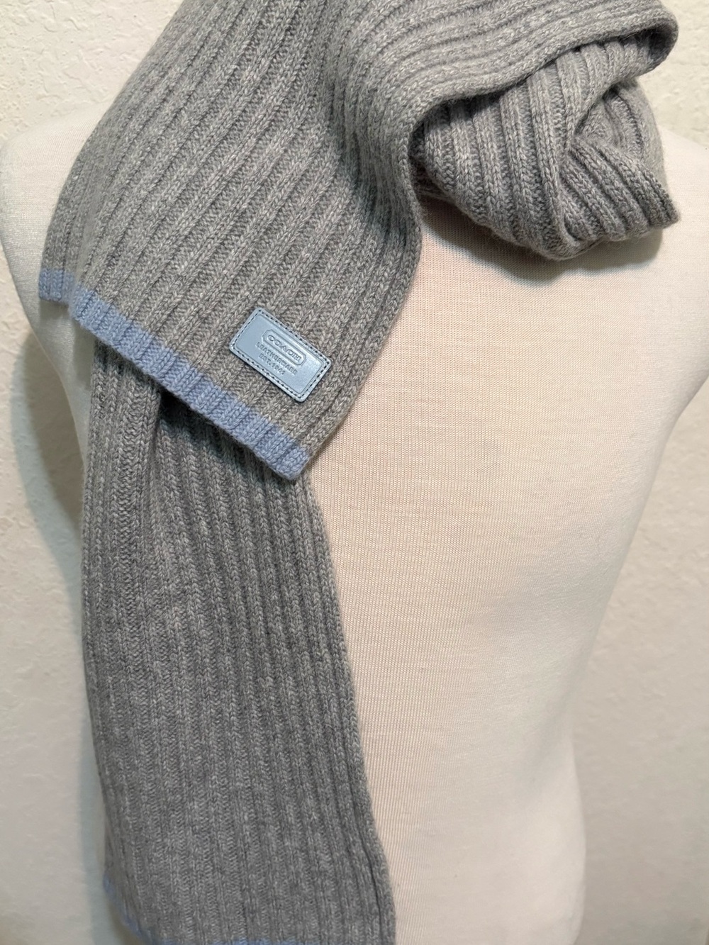 Coach Grey Ribbed Scarf with Light Blue Trim